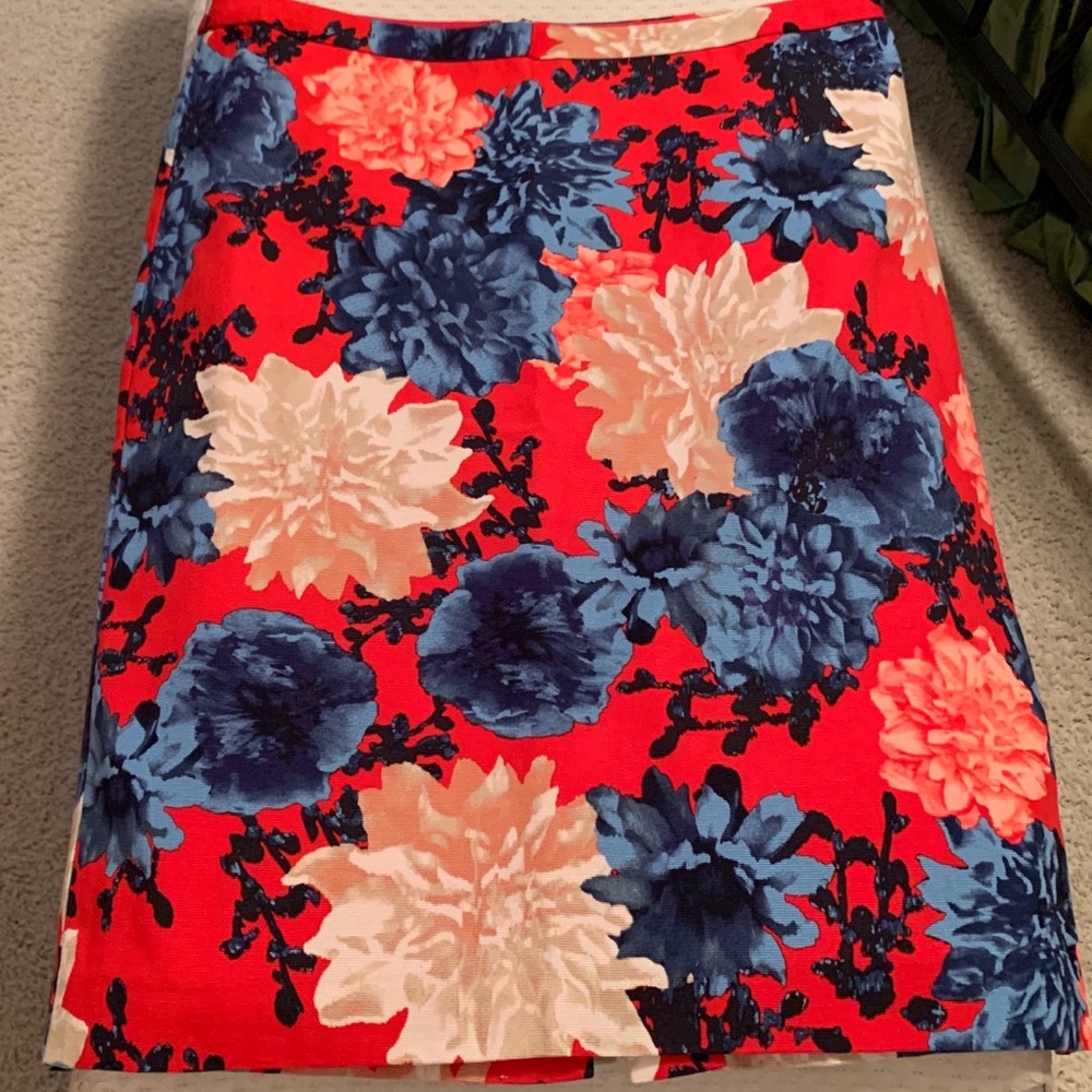 Red and blue skirt, matching cardigan and scarf